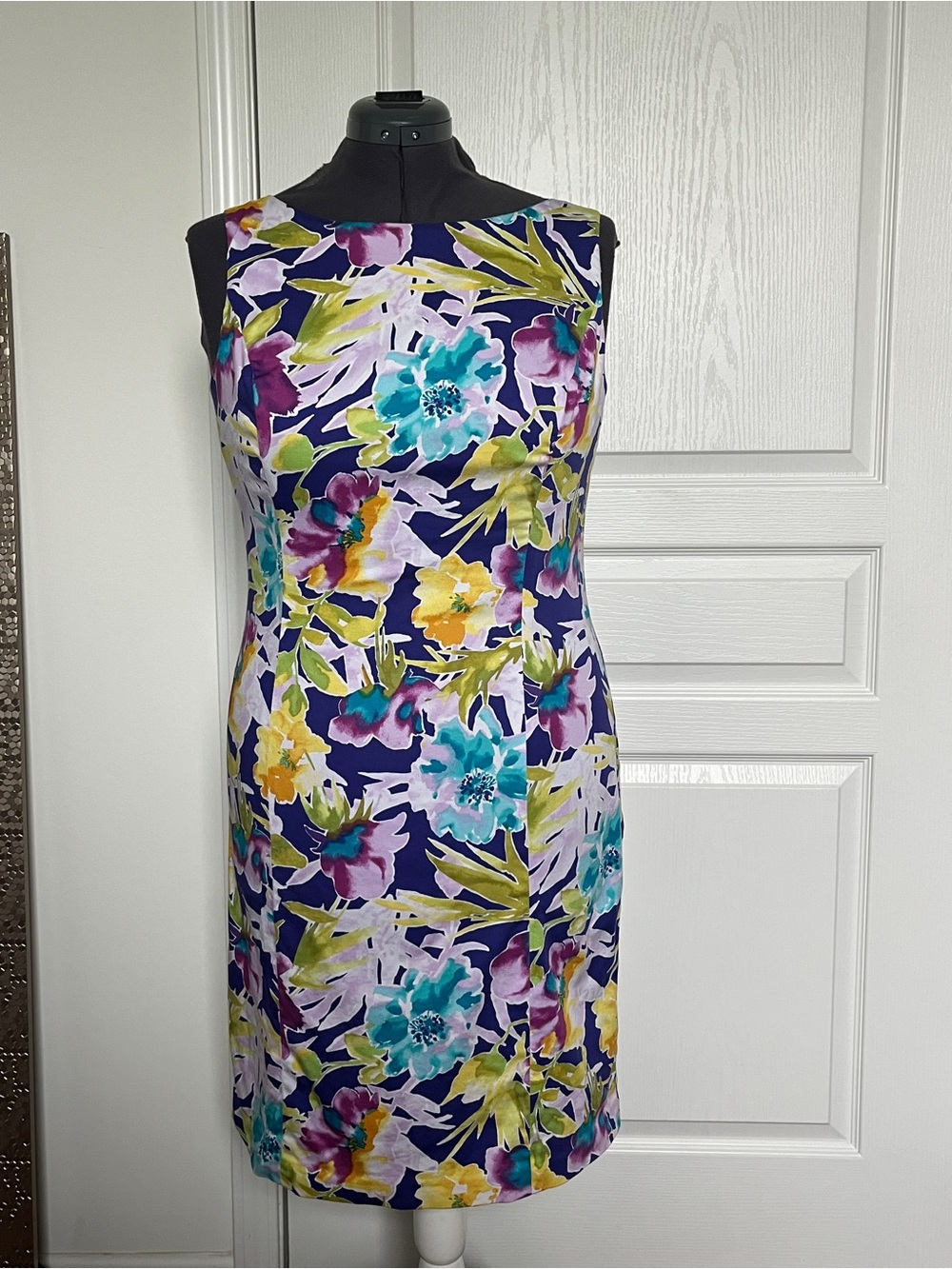 Chaps Floral Sheath Dress in Navy with Teal, Yellow, Purple